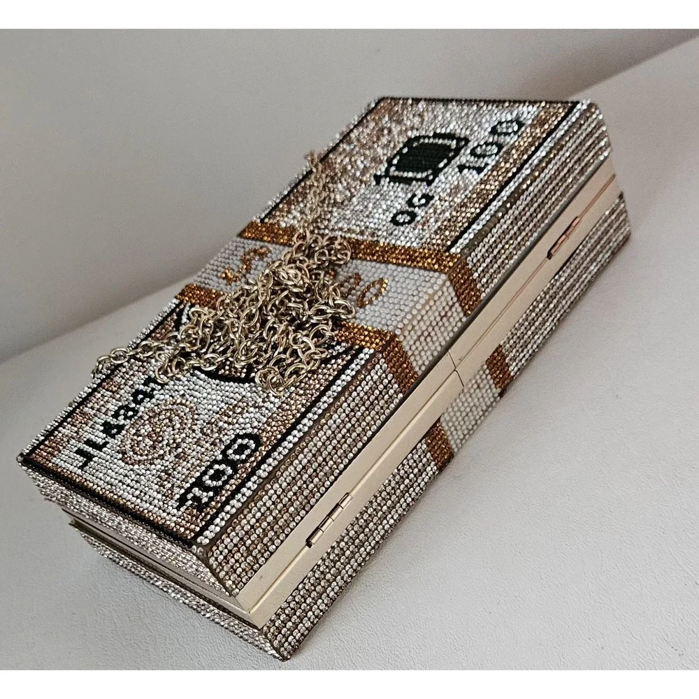 Money Stack Clear & Gold Rhinestone Clutch Bag Evening Purse